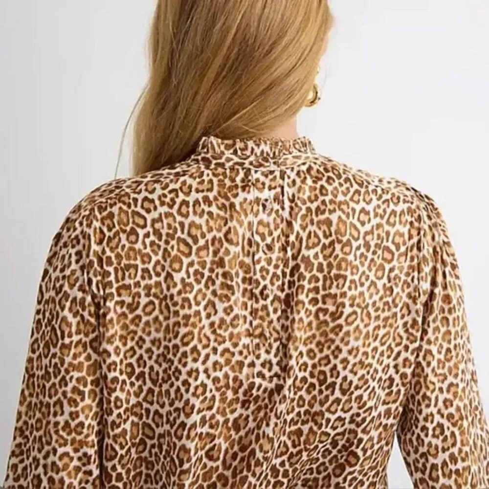 🌹 J. CREW 🌹 Ruffleneck Drapey Leopard Print Satin Blouse - [Size XS]